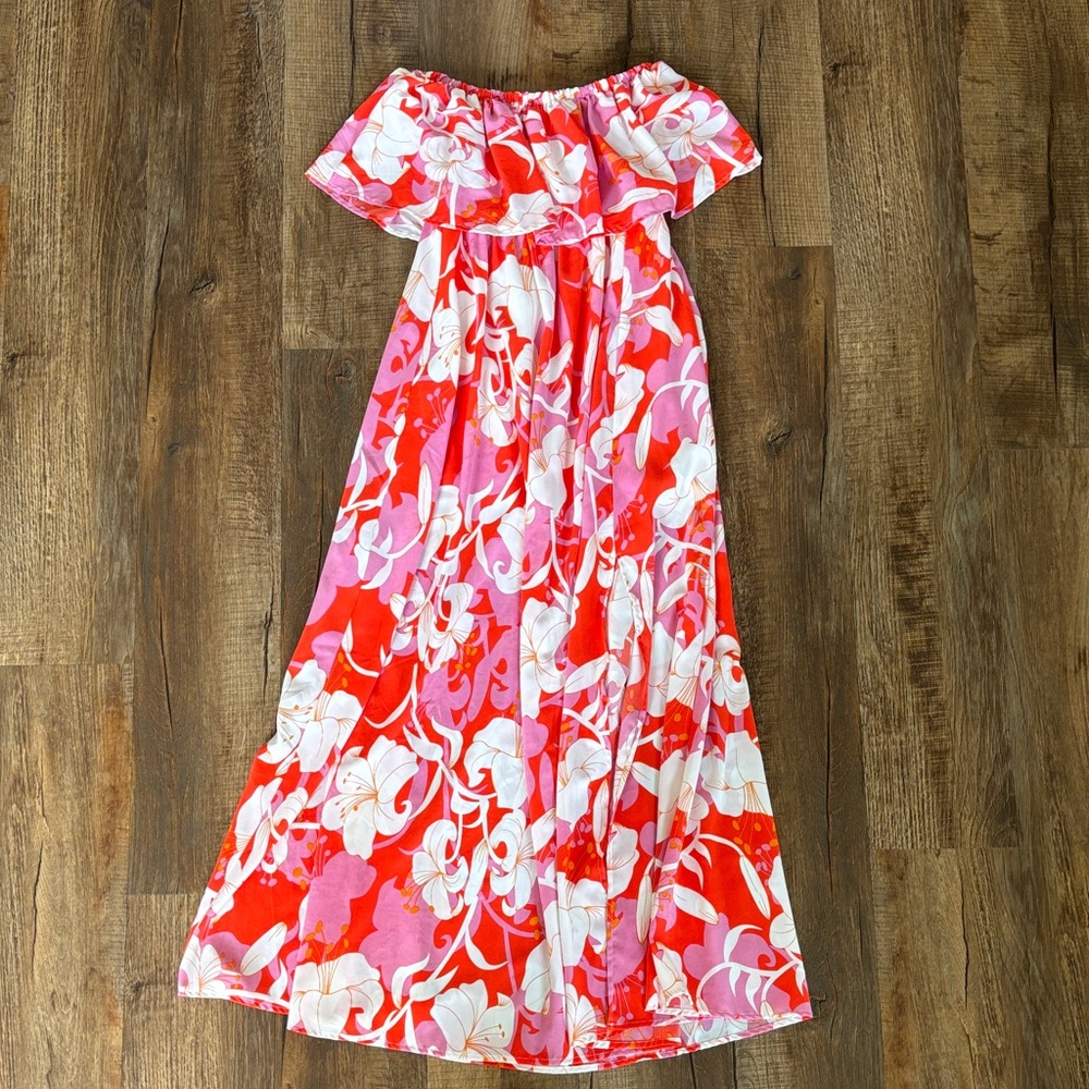 Entro Vibrant Red and Pink Off-Shoulder Maxi Dress